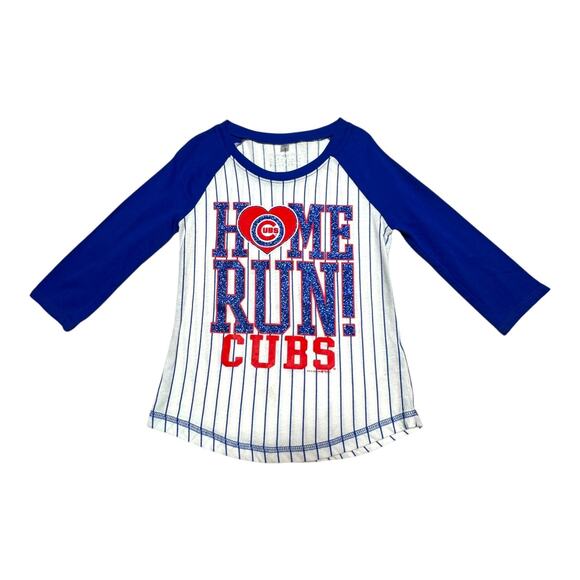 5th & Ocean Chicago Cubs Pinstripe 3/4 Sleeve Heart Glitter Top 6 - Picture 1 of 4